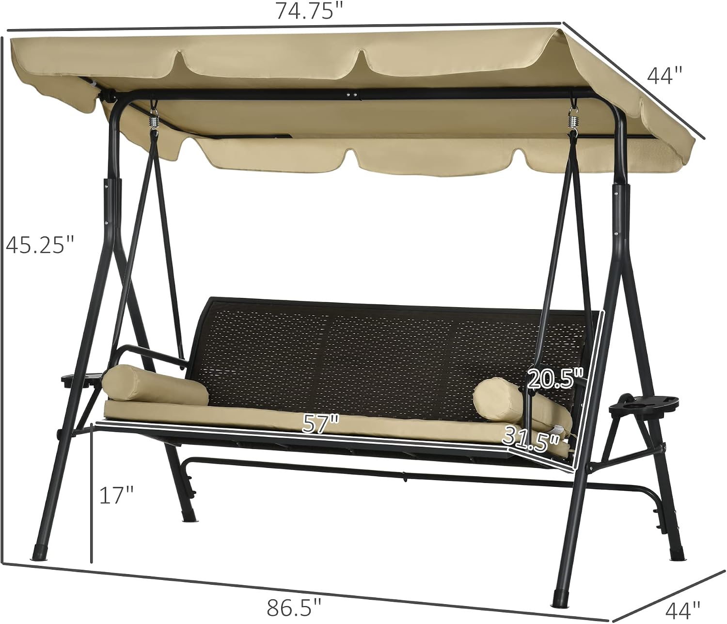 Outsunny 3-Seat Patio Swing Chair, Swing Bench for Outside w/Adjustable Shade, Removable Cushion and Rattan Seat, for Garden, Porch, Backyard, Poolside