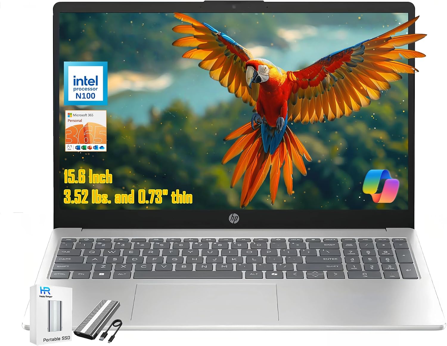 HP 15.6' Laptop, 4-core Intel Processor N100, 1-Year Microsoft 365, 4GB RAM 128GB UFS, Type-C HDMI WiFi 6 Bluetooth, Win 11 H, w/128GB Portable SSD to USB