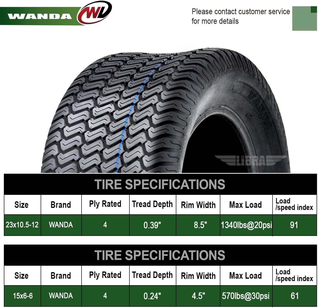WANDA Set 4 Lawn Mower Turf Tires 15x6-6 Front & 23x10.5-12 Rear /4PR -13016/13049