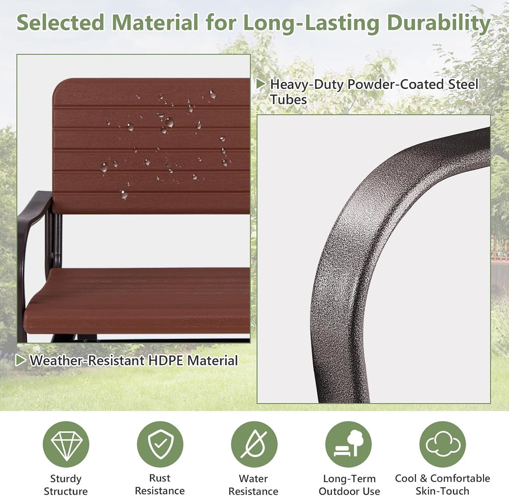 Tangkula Outdoor Glider Bench, Porch Glider Loveseat Swing Bench with w/Steel Frame, 2-Seat Rocking Chair for Porch, Garden, Backyard, Lawn (Coffee)