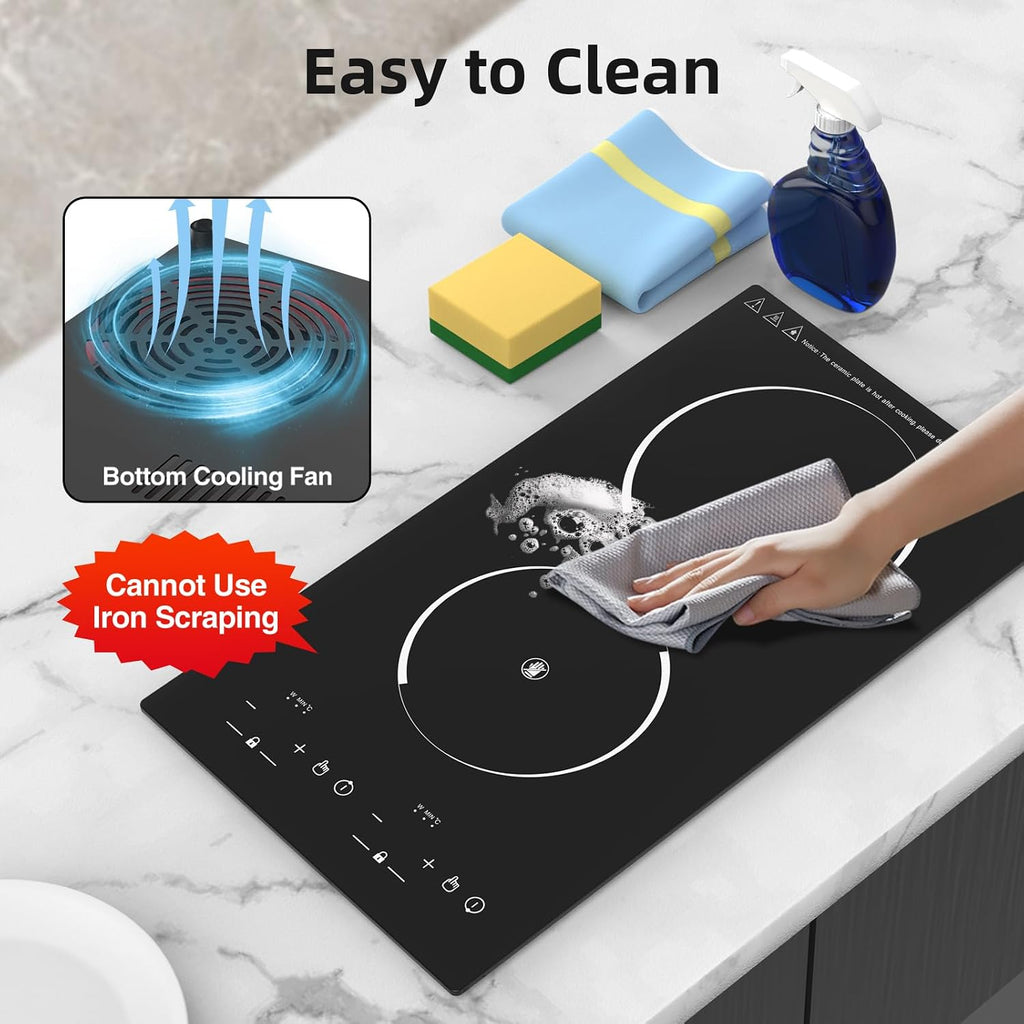 12' Induction Cooktop, Double Induction Cooktop 2 Burner 110v-120v Electric Stove Top, Countertop and Built-in, 9 Power Levels, Child Lock, 120 Mins Timer