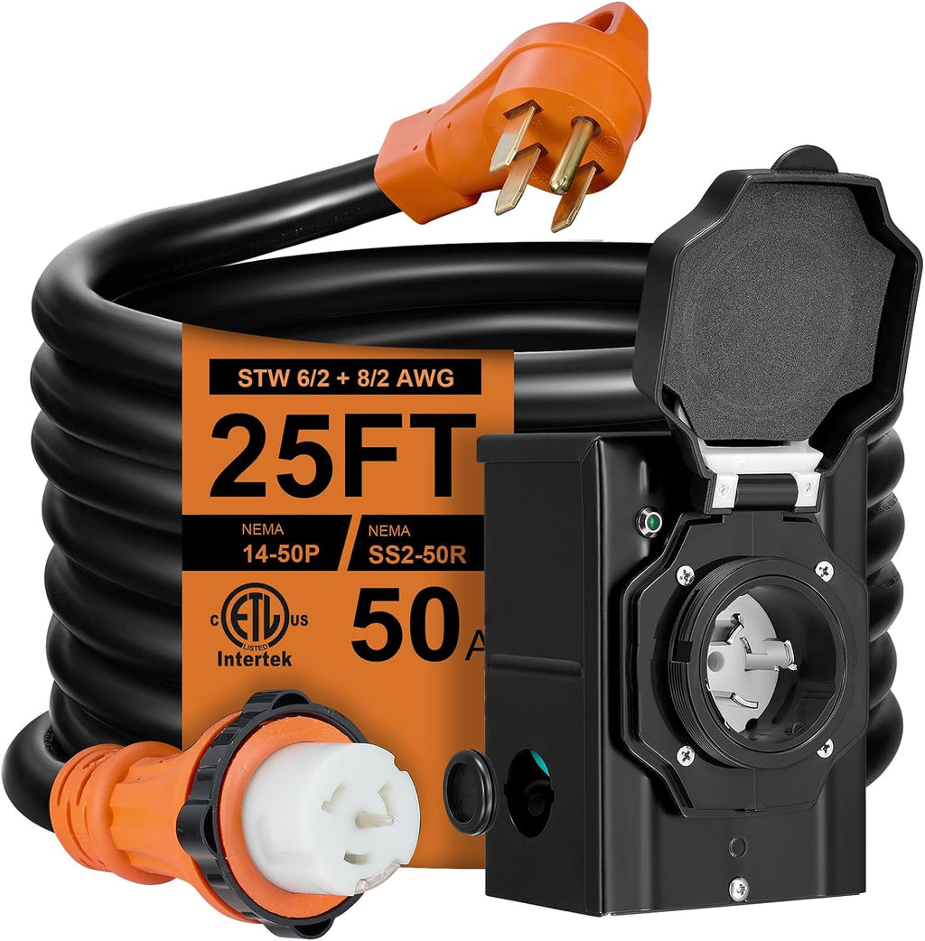 25FT 50 Amp Generator Cord with Pre-Drilled Power Inlet Box,Heavy Duty Generator Power Cord 4 Prong,125/250V,NEMA 14-50P Male to SS2-50R & CS6364,Waterproof,ETL Listed,Home/RV Power Supply