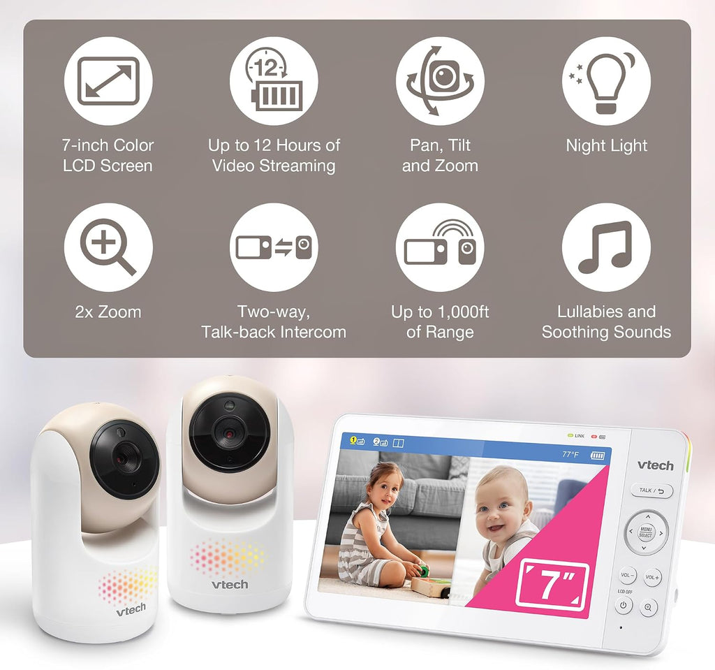 VTech 2-Cameras Video Baby Monitor with 7' Color LCD Screen, Rechargeable Battery, Video and Audio Streaming, Pan-Tilt-Zoom, Touch Multi-Color Night Light, Two-Way Talk: Advanced Max Twin (Tan)