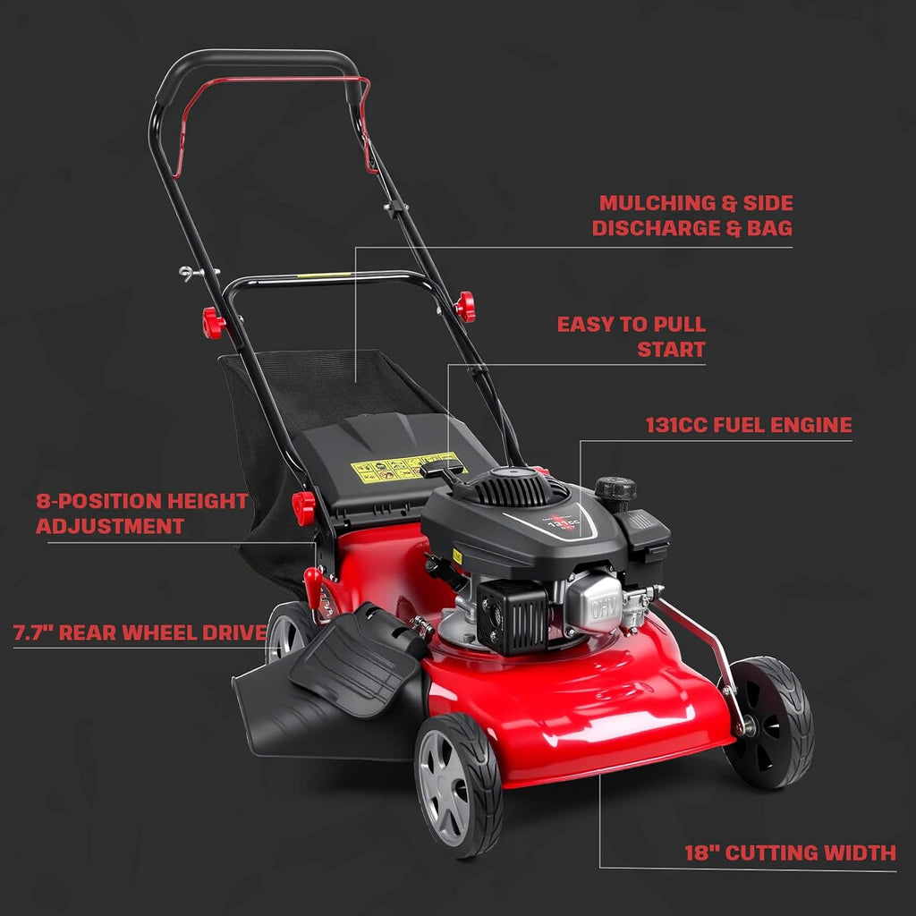 131cc Self Propelled Lawn Mower, 3-in-1 Gas Powered Push Mower with 50L Grass Bag, 20-inch Cutting Deck, Big Wheels for Yard Lawn Care, Mulching, Bagging & Side Discharge