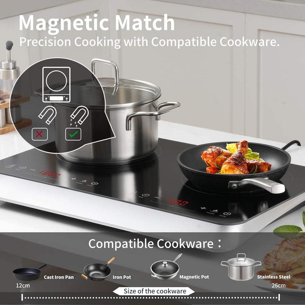 COOKTRON Double Induction Cooktop Burner with Fast Warm-Up Mode, 1800w 2 Burner with 10 Temperature 9 Power Settings, Portable Dual Induction Cooker Cooktop with Child Safety Lock & Time