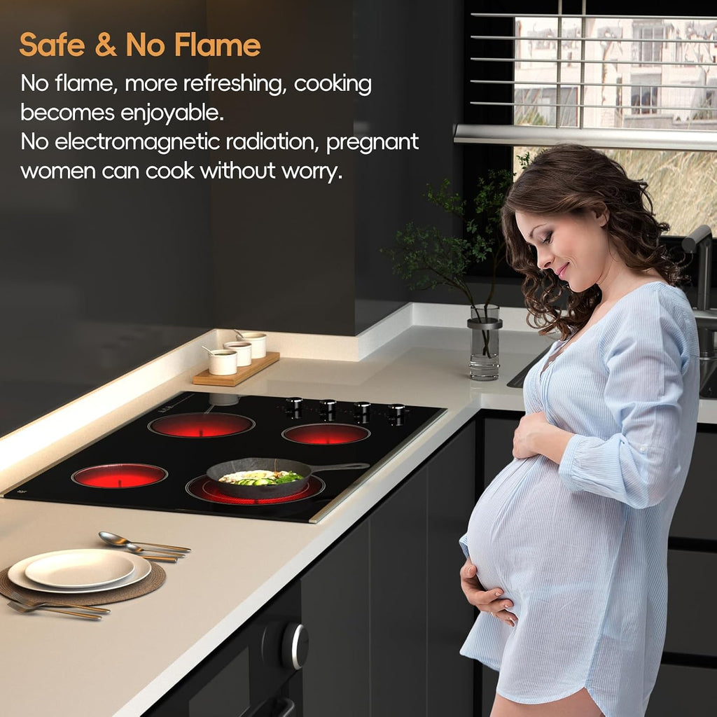 Electric Cooktop 30 inch 4 Burner, 6700W Built-in Radiant Electric Stove Top with Knob Control, Electric Ceramic Stove Cooktop with 11 Level Power Adjustable, 220-240V, Hard Wire