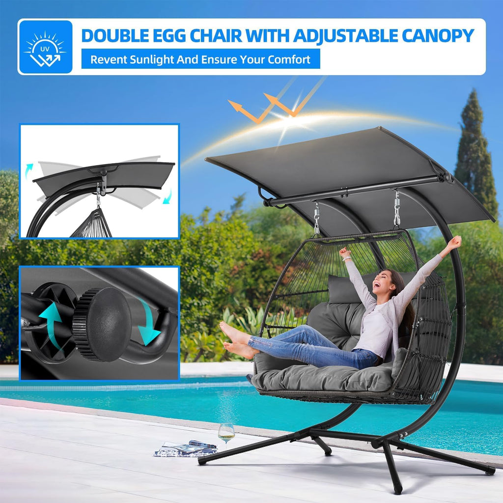 YOLENY Oversized Hanging Swing Chair with Adjustable Canopy, Double Egg Chair, Hammock Chair with Cushion Basket Hammock Nest Chair, Swinging Loveseat for Outdoor Patio, Balcony, Garden