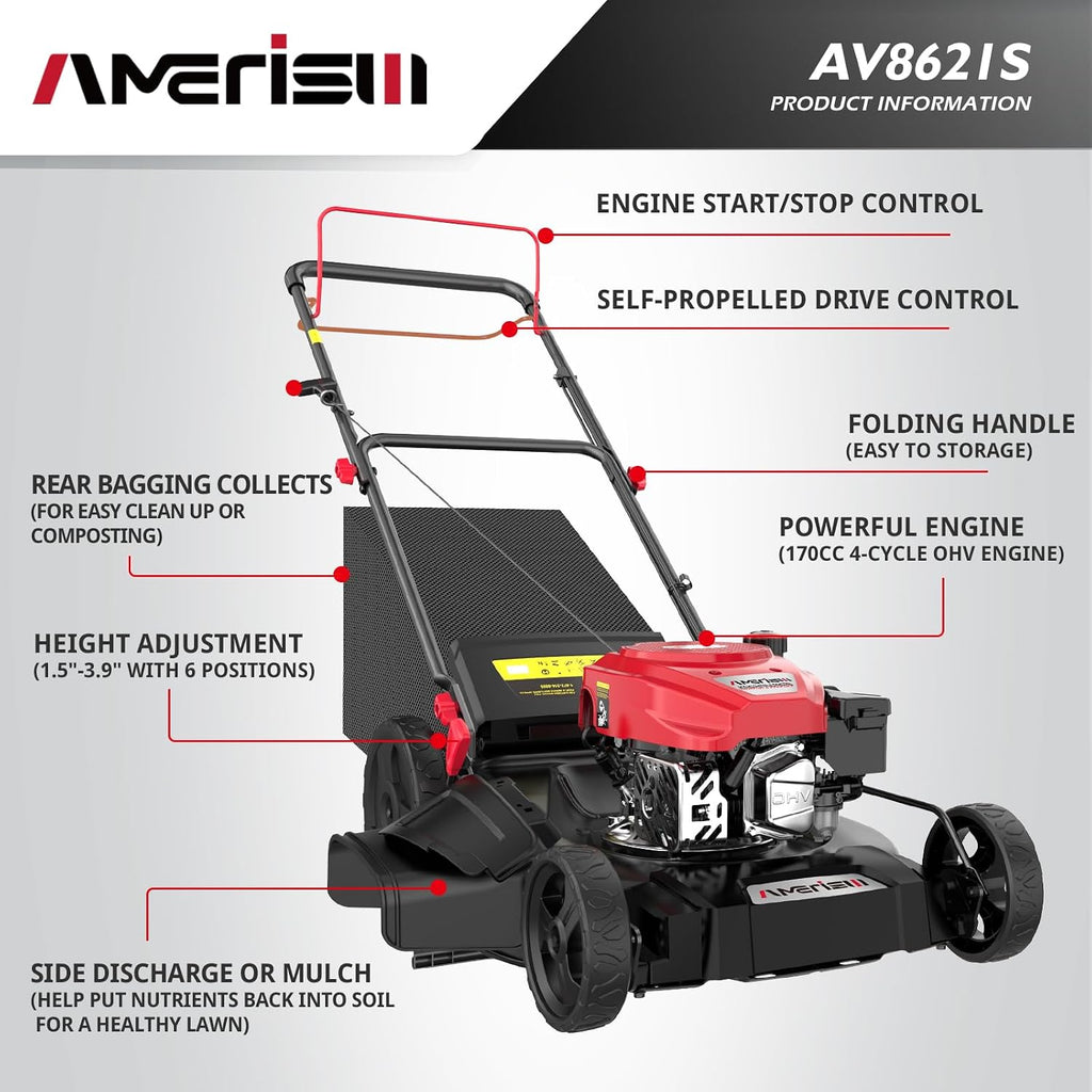 AMERISUN Self Propelled Gas Lawn Mower, 21' with 170cc 4-Cycle OHV Engine 3-in-1 RWD Self-Propelled Lawn Mower (AV8621S1)