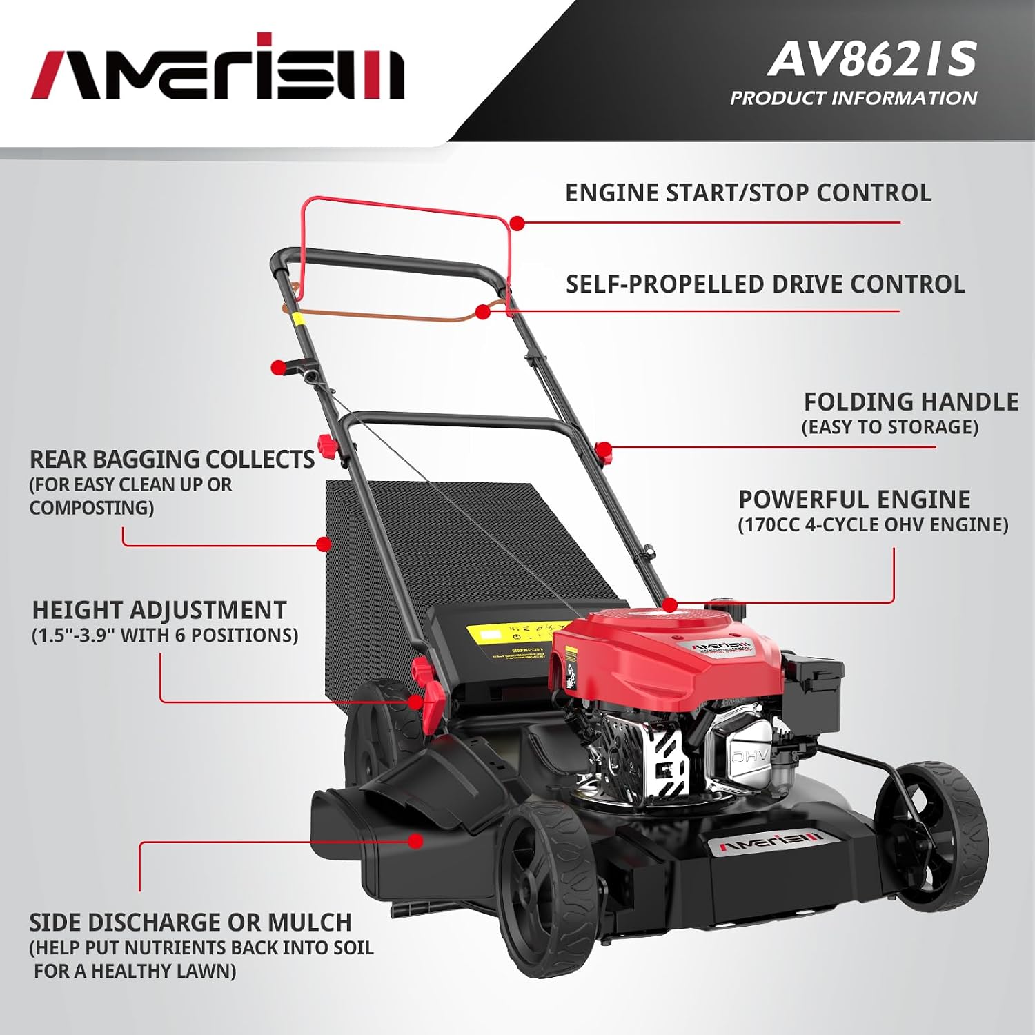 AMERISUN Self Propelled Gas Lawn Mower, 21' with 170cc 4-Cycle OHV Engine 3-in-1 RWD Self-Propelled Lawn Mower (AV8621S1)