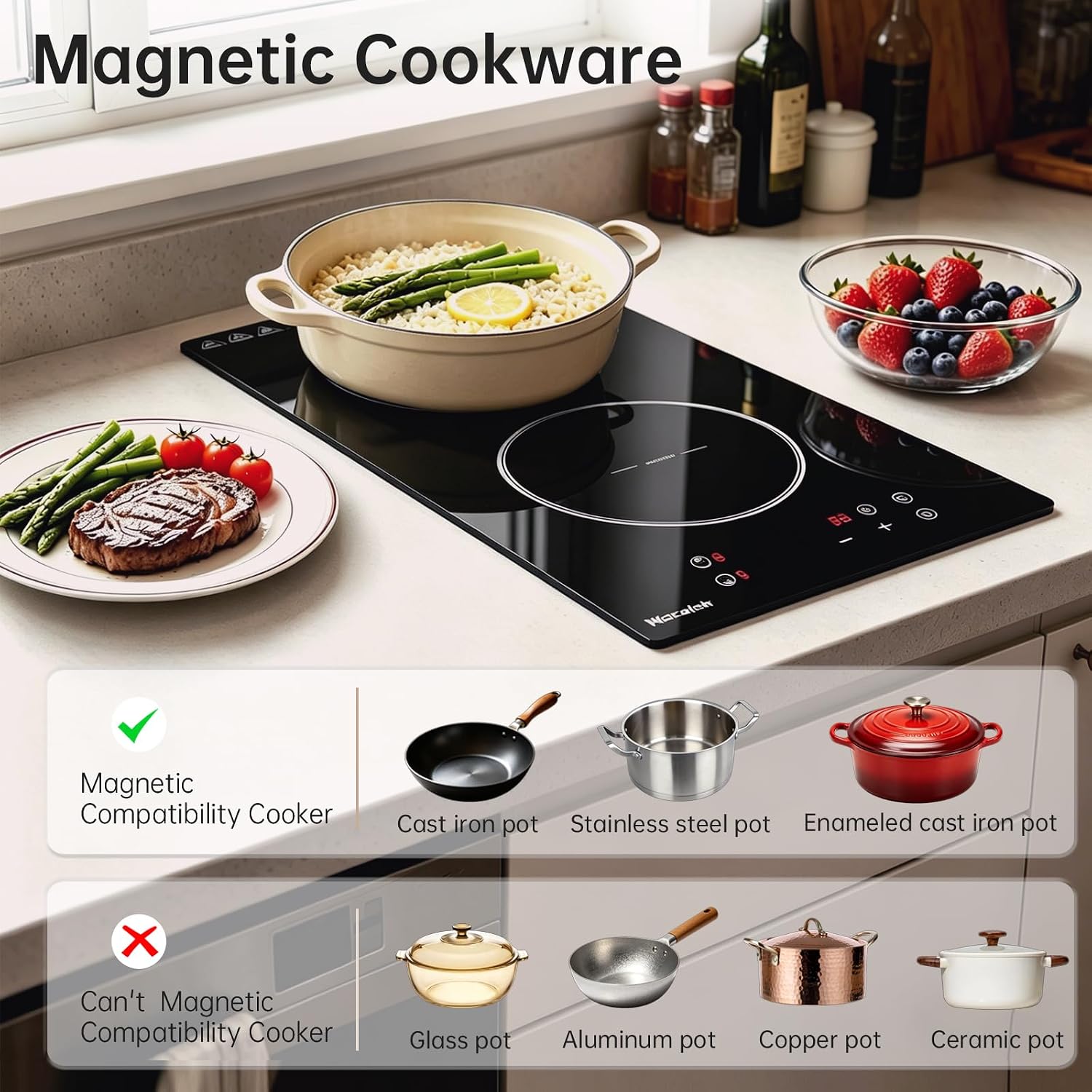 Double Induction Cooktop 3300W, Weceleh 2 Burner Induction Stove Top with 9 Power Levels, 12 Inch Electric Cooktop, Safety Lock, Timer, Plug-in, Built-in or Countertop, 110-120V
