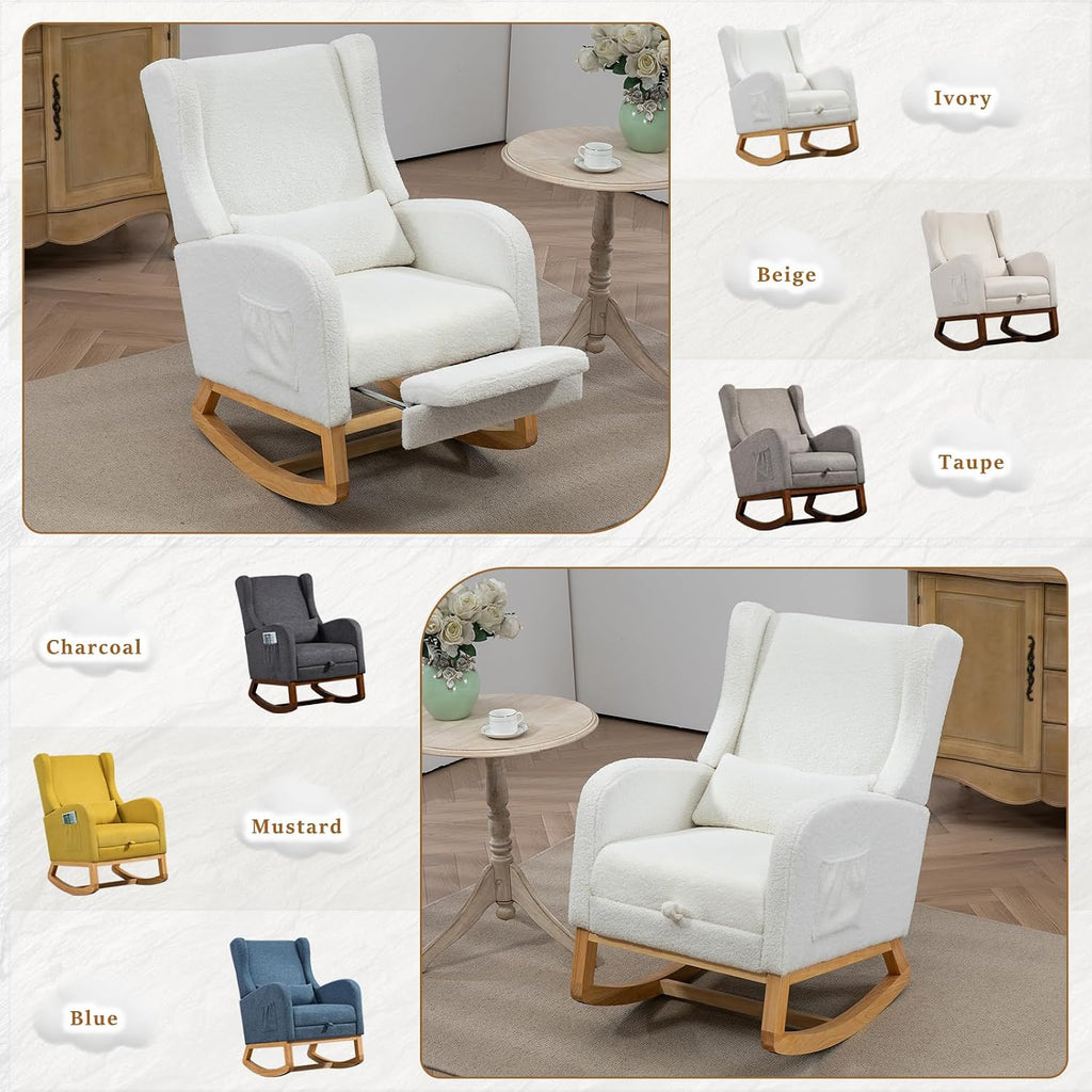 Modern Rocking Chair Nursery Glider, Comfy Rocker Nursery Chair with Foot Rest, Accent Reading Armchair with Pillow and Pocket, Upholstered Lounge Rocker with Solid Wood Base for Relaxing (Ivory)