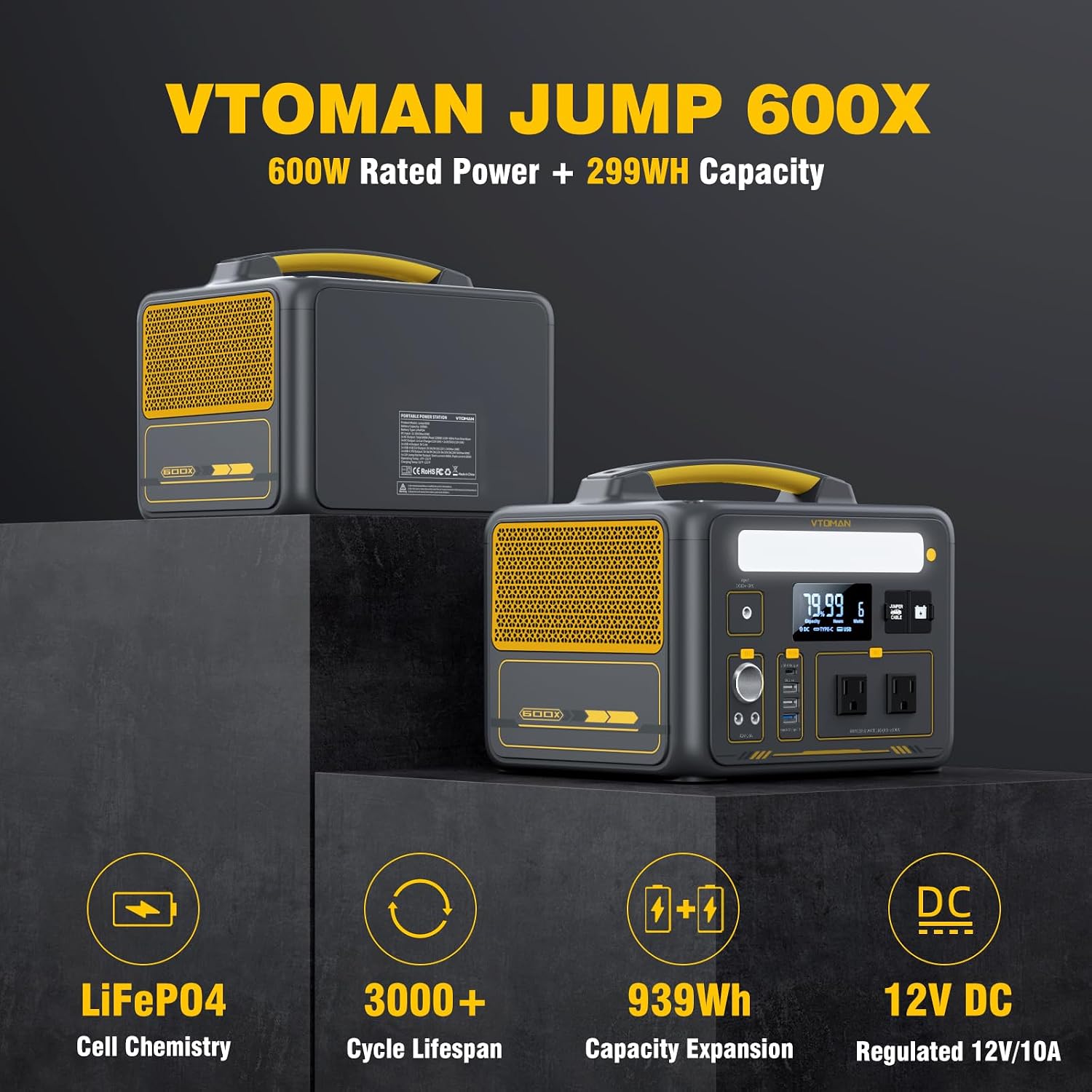 VTOMAN Jump 600X Portable Power Station with 200W Solar Panel, 299Wh Solar Generator with 600W AC Outlets (Surge 1200W) for Outdoor Camping, Vehicle Emergency, Electric Backup, RV, Power Outages