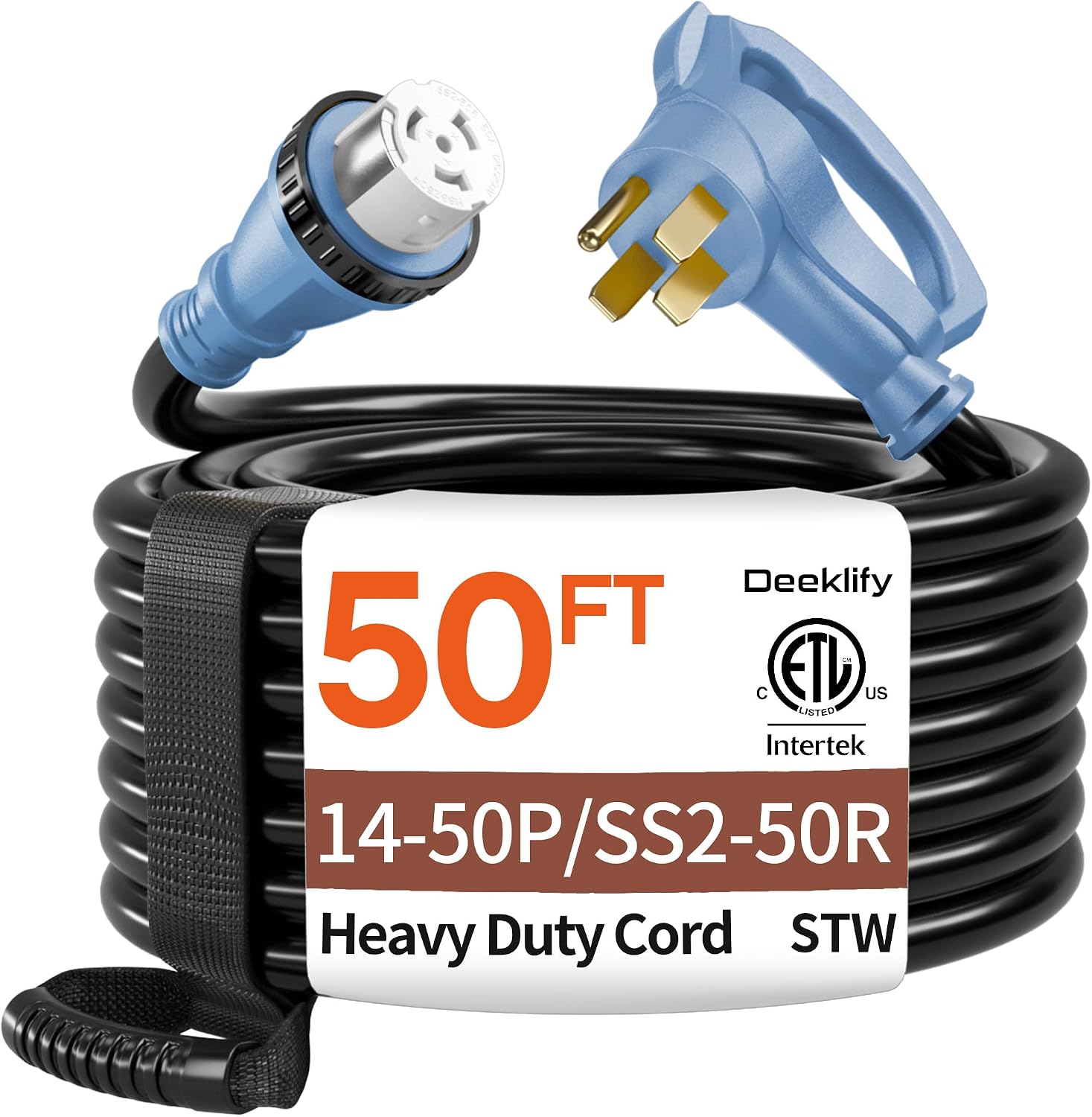 50FT 50 Amp Generator Cord, NEMA 14-50P/SS2-50R Heavy-Duty 4 Conductors Cable, Pure Copper STW RV Extension Cord, Female Plug with Twist Lock, Suitable for RV or Camper, ETL Listed