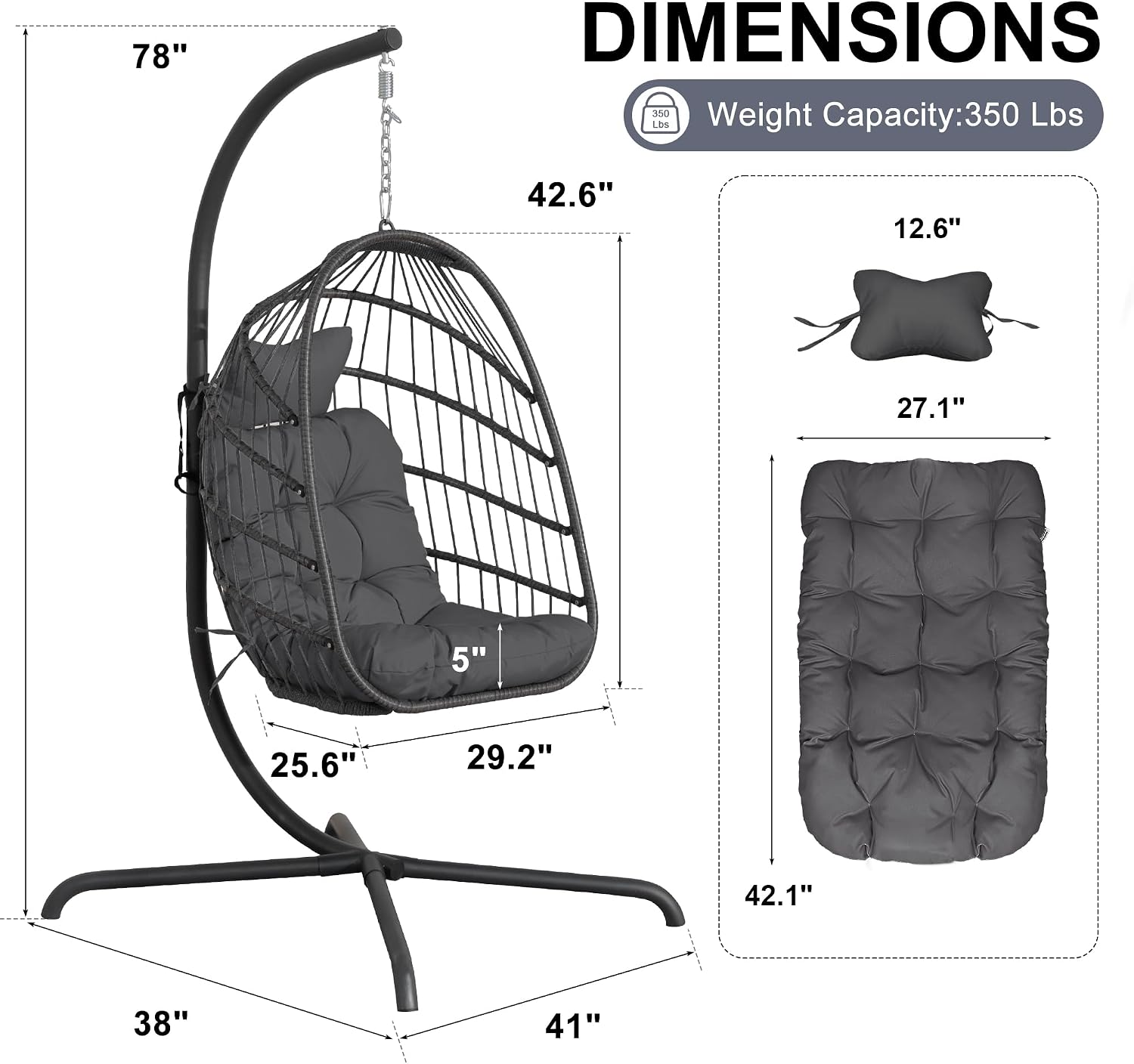 FINCATI Patio Swing Egg Chair with Stand,350lbs Egg Hanging Chair with Stand, Hammock Egg Chairs with Cushion for Outdoor Bedroom Balcony Dark Grey