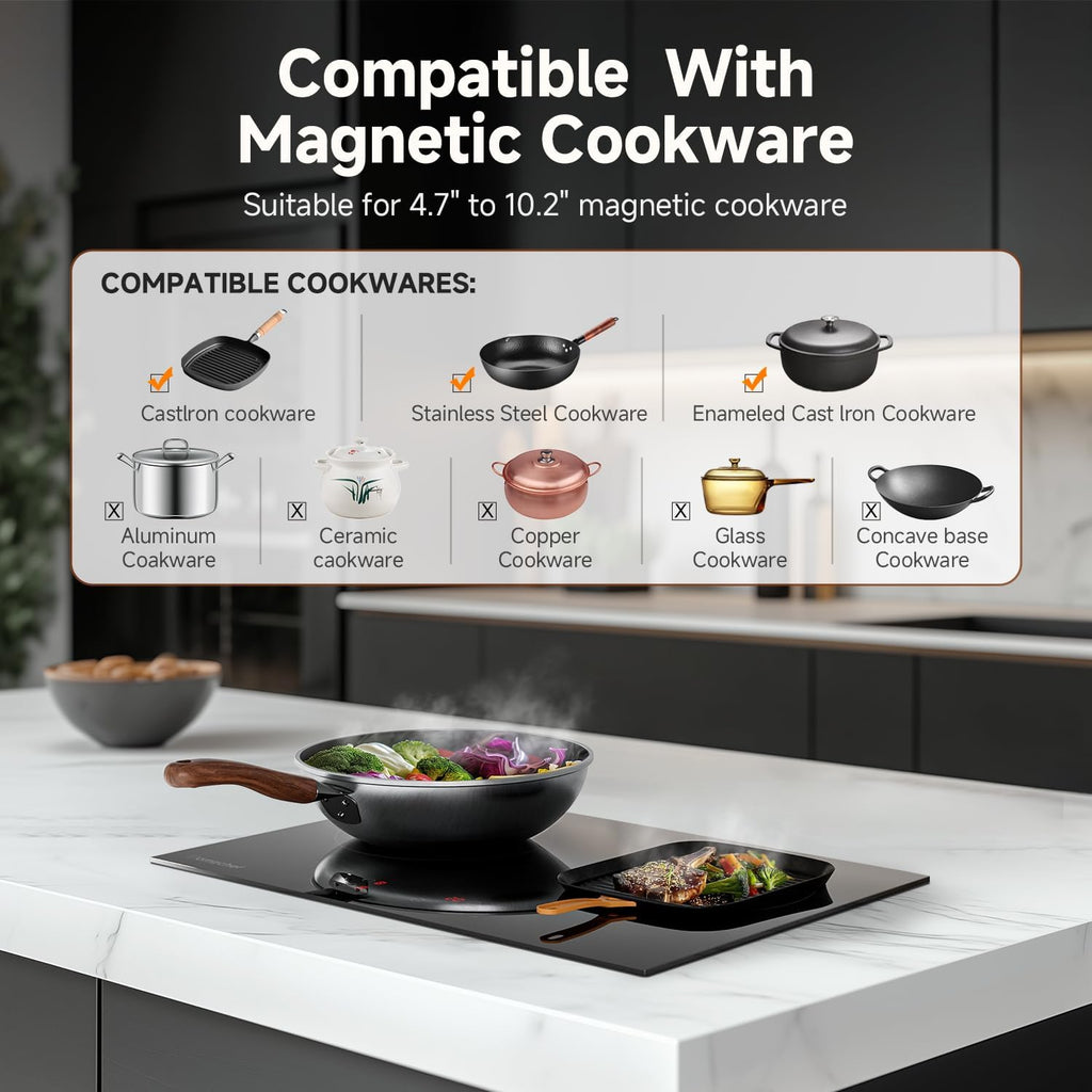 AMZCHEF Induction Cooktop 2 Burners 1800W, Built-in & Countertop Electric Cooktop with 9 Power Levels, 110V-120V Double Induction Stove with Plug, 99-min Timer, Safety Lock, Ceramic Glass