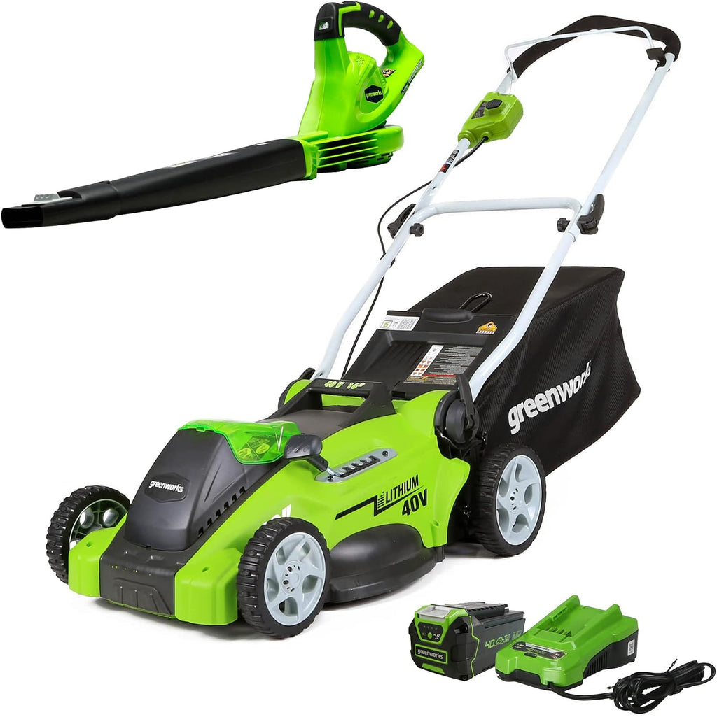 Greenworks 40V 16' Cordless Electric Lawn Mower + 40V Sweeper (150 MPH), 4.0Ah Battery and Charger Included