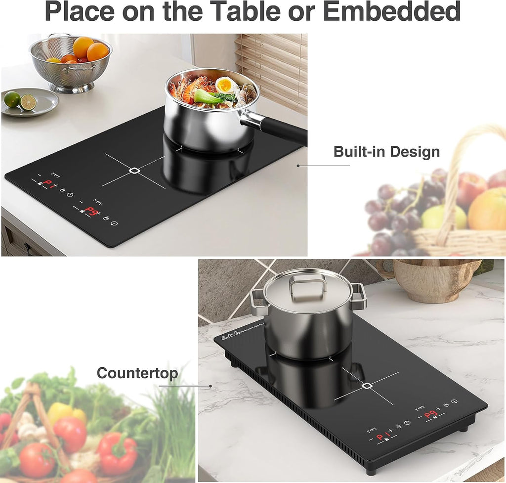 VBGK Double Induction Cooktop, 2300W 110V Portable Induction Cooktop with LED Touch Screen 9 Levels Settings,Electric cooktop with Child Safety Lock & Timer 2 burner
