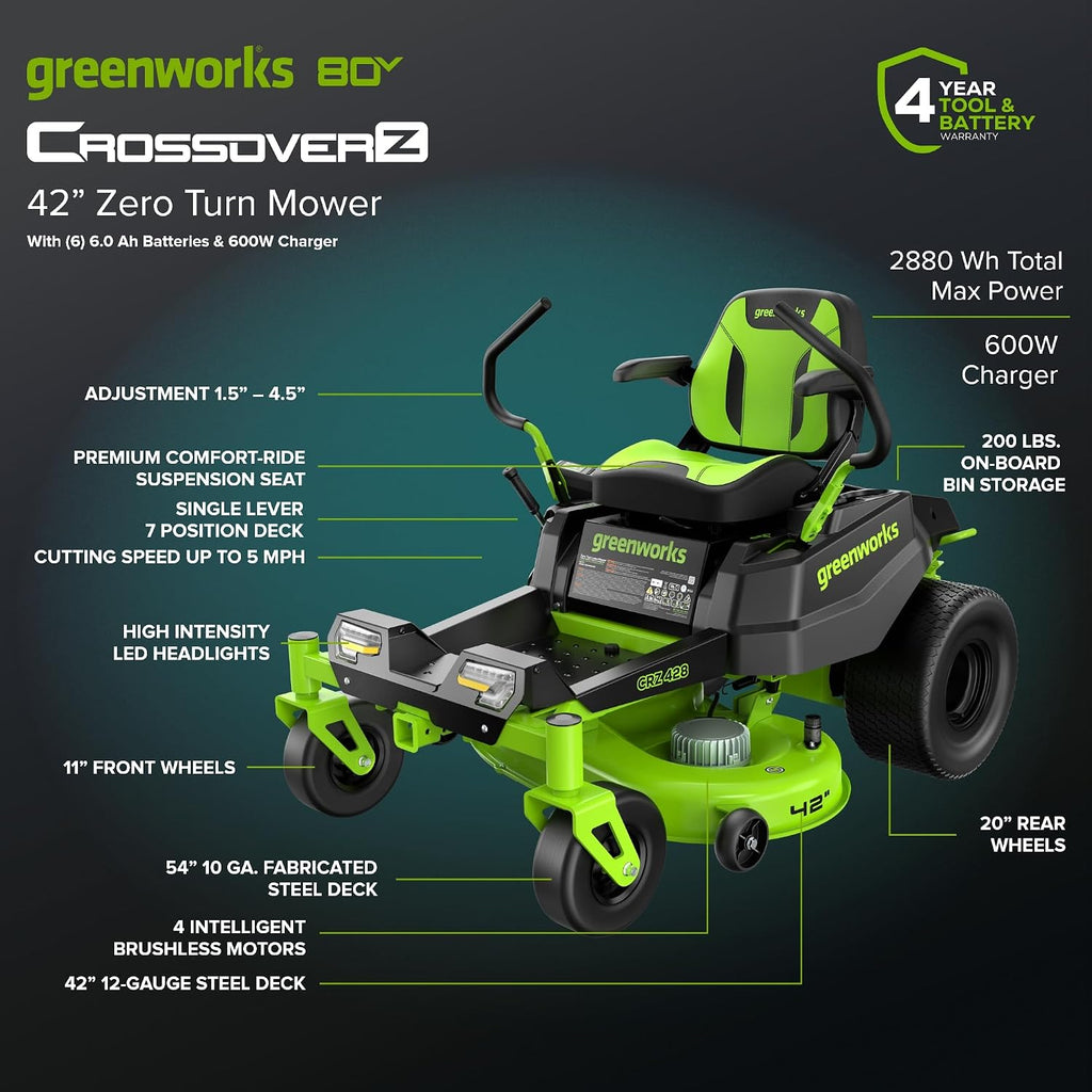 Greenworks 80V 42' CrossoverZ Zero Turn Riding Lawn Mower, (6) 6.0Ah Batteries and 600W Charger