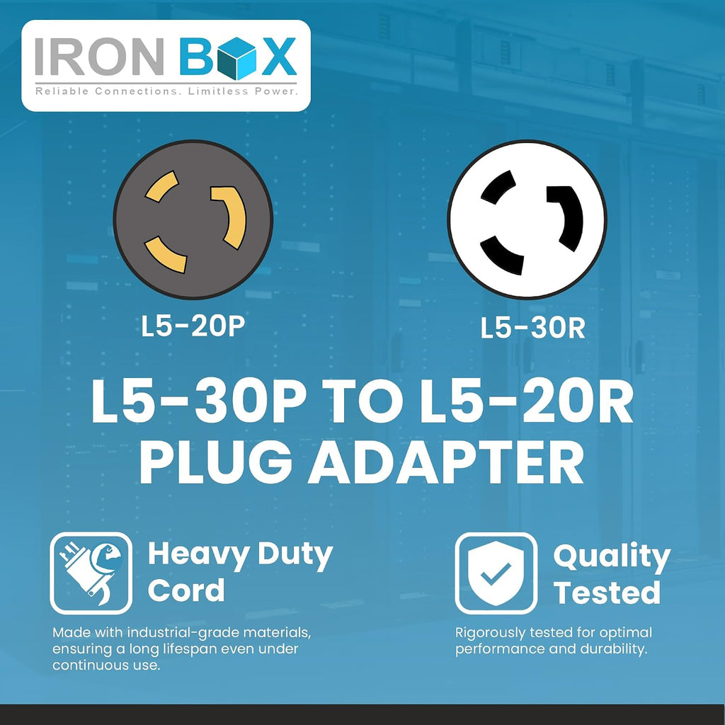 IronBox Electric NEMA L5-30P to L5-20R Plug Adapter Power Cord - 20A,125V,12/3 SJT - UL Listed Power Cable - Heavy Duty Extension Cord for Generator, Data Centers, Outdoor & More (100ft, Custom Built)