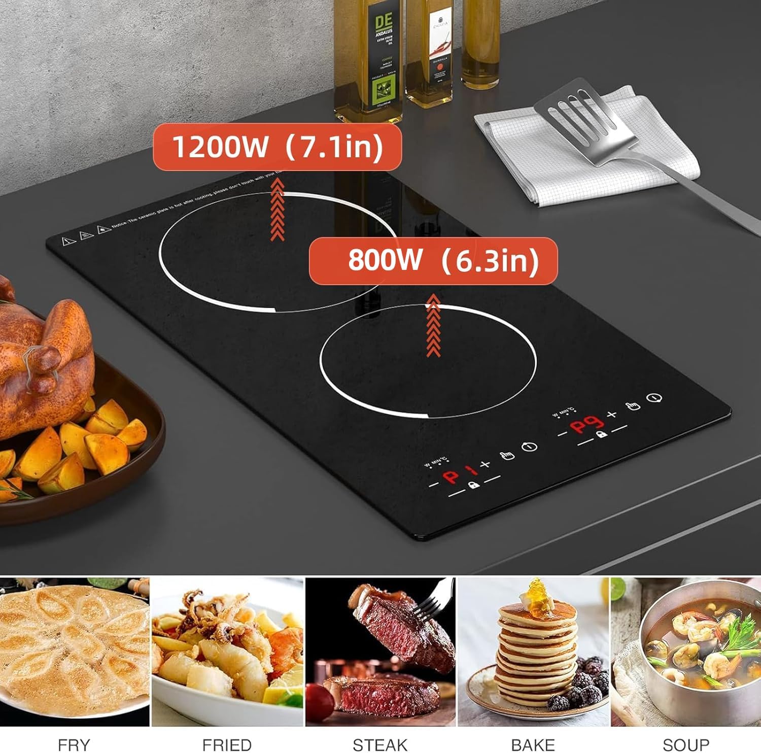 12' Induction Cooktop, Double Induction Cooktop 2 Burner 110v-120v Electric Stove Top, Countertop and Built-in, 9 Power Levels, Child Lock, 120 Mins Timer