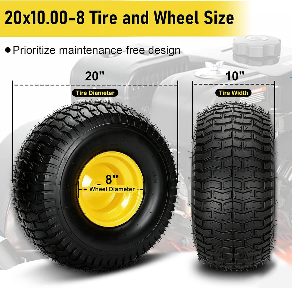 2Pcs 20x10.00-8 Lawn Mower Tires, Rear Tire and Wheel Assemblies for Riding Lawn Mowers, 4-Ply Tubeless Turf-Friendly Tires with 3/4' Borehole, 3.5' Offset Hub and 3/16' Keyway, 1190LBS Load Capacity