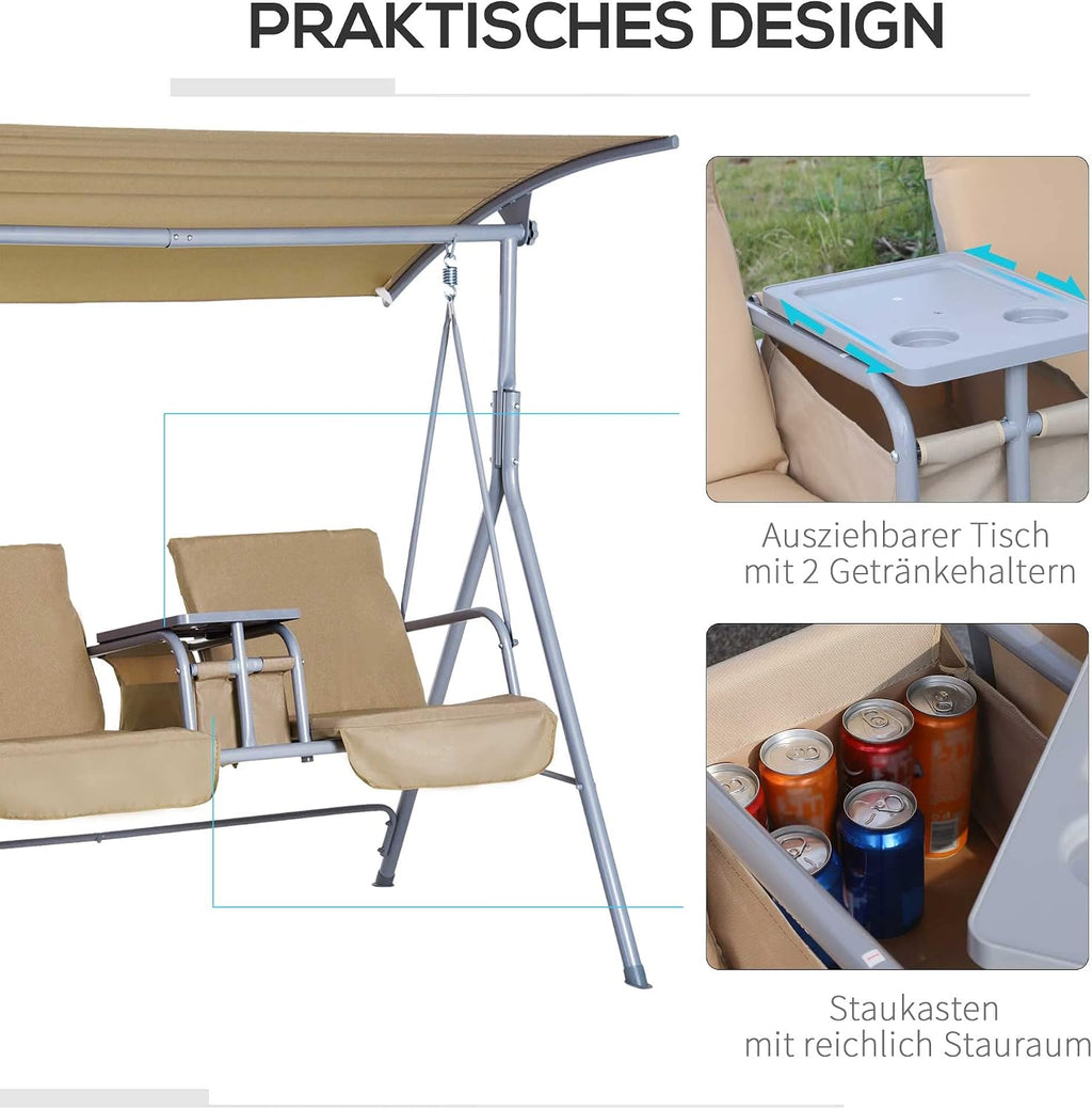 Outsunny 2 Person Porch Swing with Stand, Outdoor Swing with Canopy, Pivot Storage Table, 2 Cup Holders, Cushions for Patio, Backyard, Beige