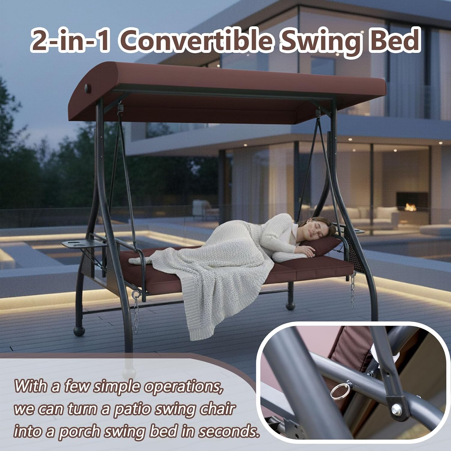 3-Seat Outdoor Porch Swing Glider with Adjustable Canopy, Convertible Patio Swings Bed with Upgraded Folding Cup Holders & Thicker Cushion for Backyard, Garden, Poolside - Brown