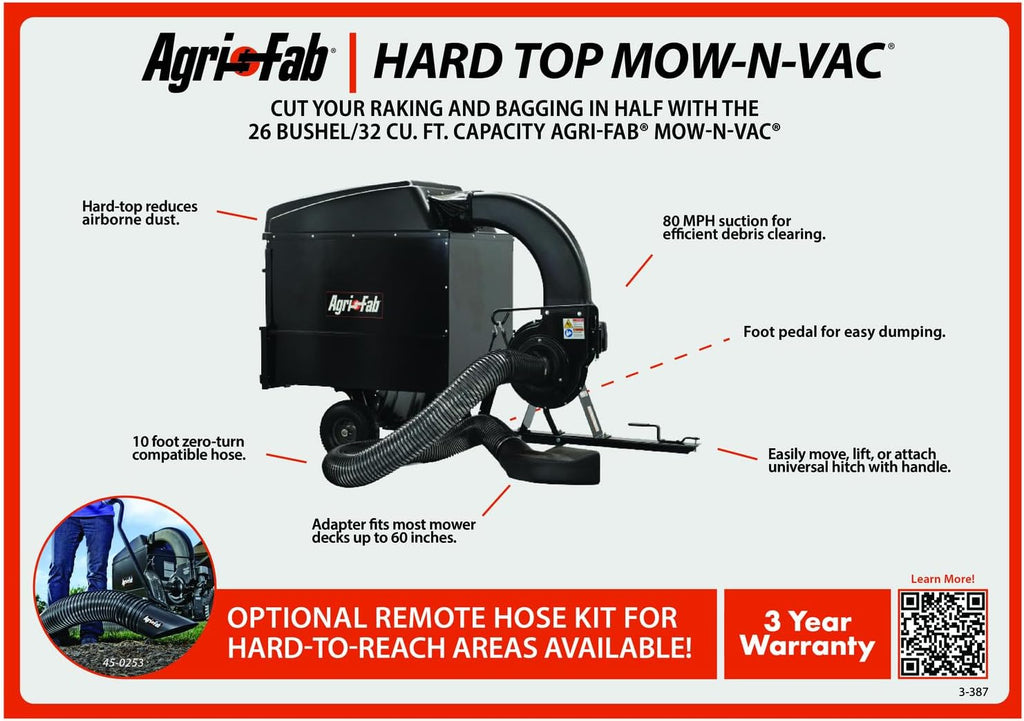 Agri-Fab 45-0631 Large Capacity 32 CU FT Hard Top Mow- N-Vac, Tow Behind Lawn Vacuum, Leaf Vacuum, Gas Powered, Easy Foot Pedal Dumping