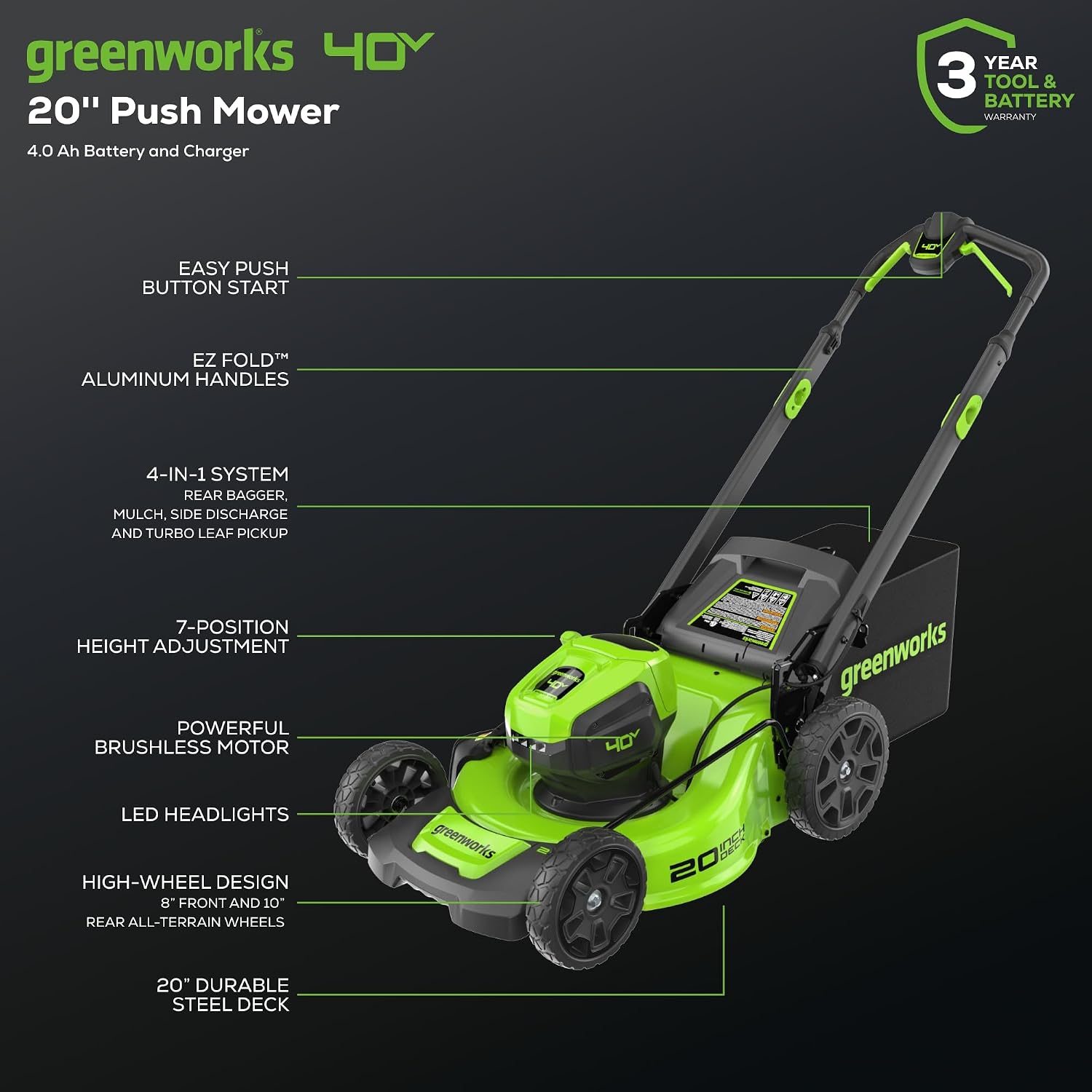 Greenworks 40V 20' Brushless Cordless Lawn Mower with 4.0Ah Battery & Charger(75+ Tool Compatibility)