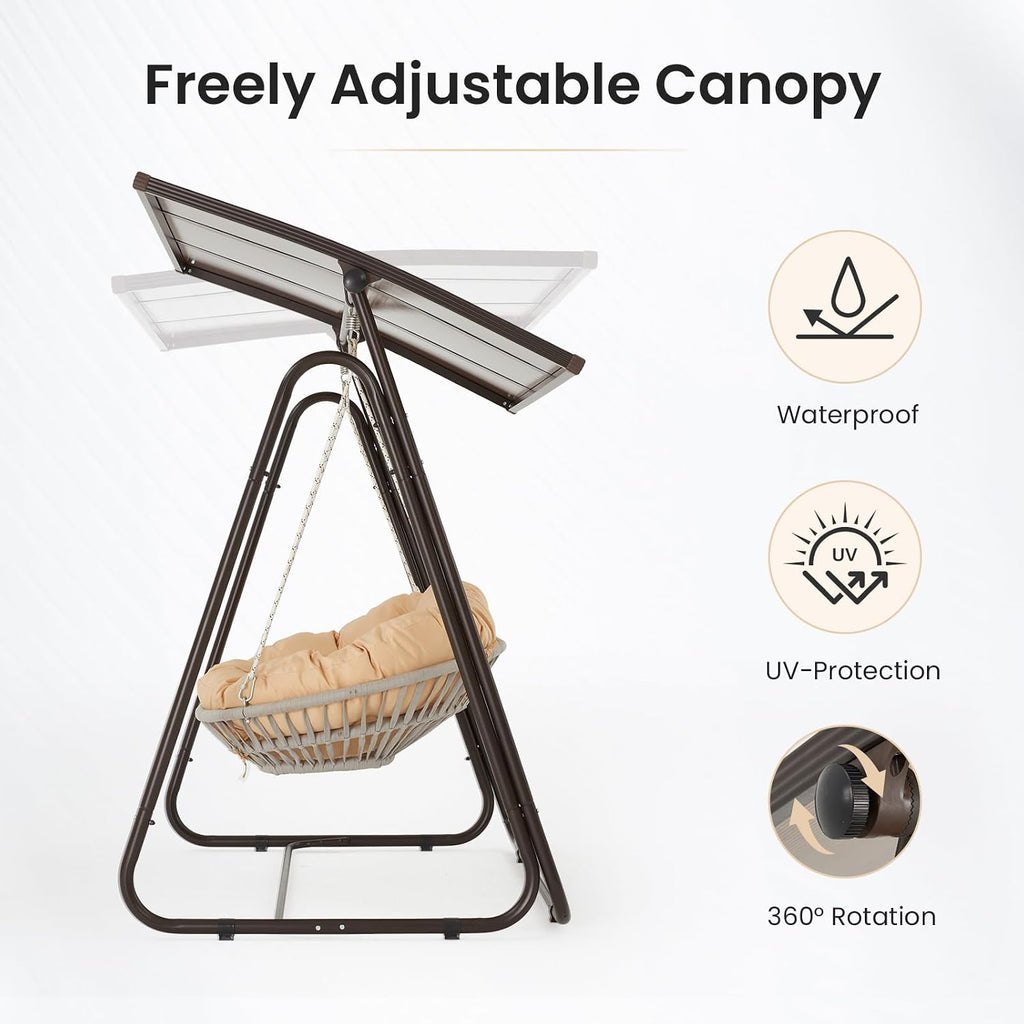 2-Seat Outdoor Patio Porch Swing with Polycarbonate (PC) Canopy, All-Weather Outdoor Swing Chair with 4.7' Thick Cushion and Hand-Woven Rope, Heavy Duty Steel Frame for Patio, Garden, Khaki