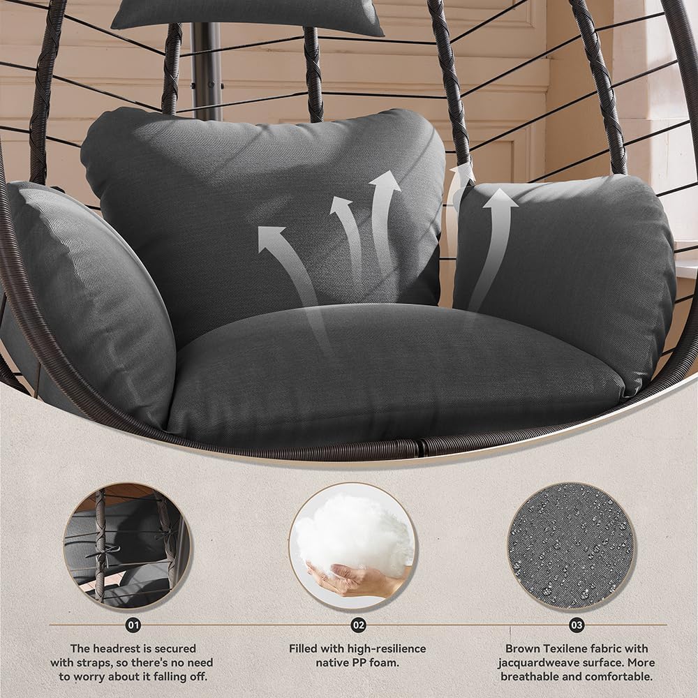 Kurapika Egg Swing Chair Indoor Outdoor Patio Wicker Rattan Hanging Egg Chair with Stand, Hammock Swing with Cushioned Headrest, 350LB Capacity for Bedroom, Balcony, Garden,Deck (Grey)