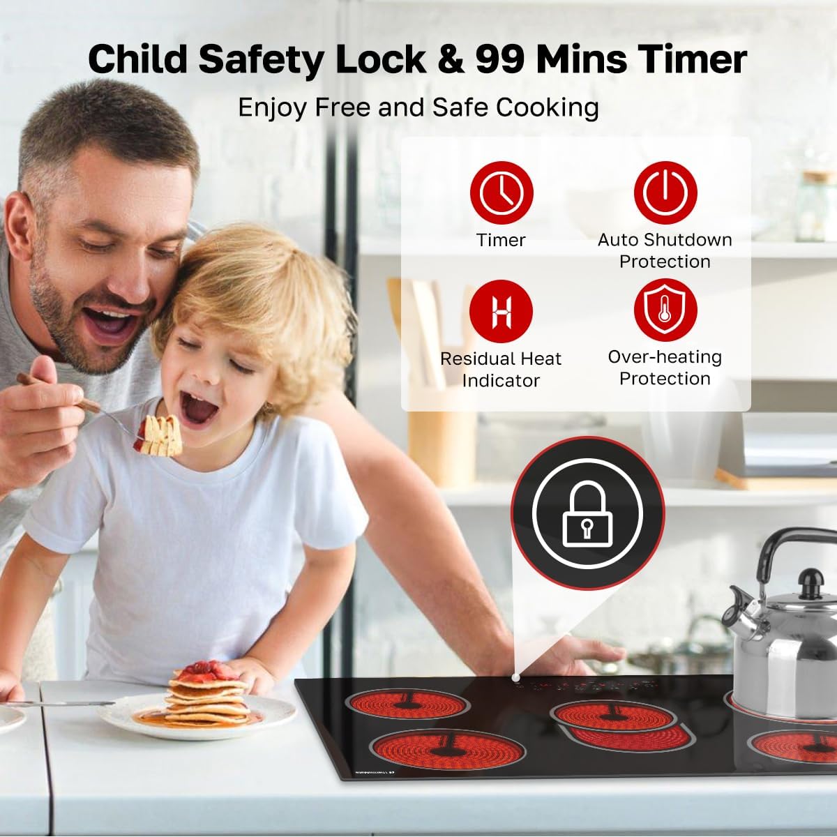 ThermoMate 36 Inch Electric Cooktop 5 Burners, 36' Built in Radiant Electric Stove Top, 8500W Ceramic Cooktop with Touch Control, 9 Heating Level, Chlid Lock & Timer, 220-240V Hard Wire ETL Listed