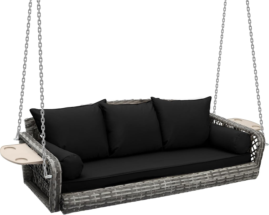 Grepatio 3 Person Porch Swing Patio Wicker Hanging Porch Swing Chair Outdoor Rattan Swing Bench with Cushion and Pillow for Garden, Yard, Lawn (Gray Rattan Black Cushion)