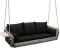 Grepatio 3 Person Porch Swing Patio Wicker Hanging Porch Swing Chair Outdoor Rattan Swing Bench with Cushion and Pillow for Garden, Yard, Lawn (Gray Rattan Black Cushion)