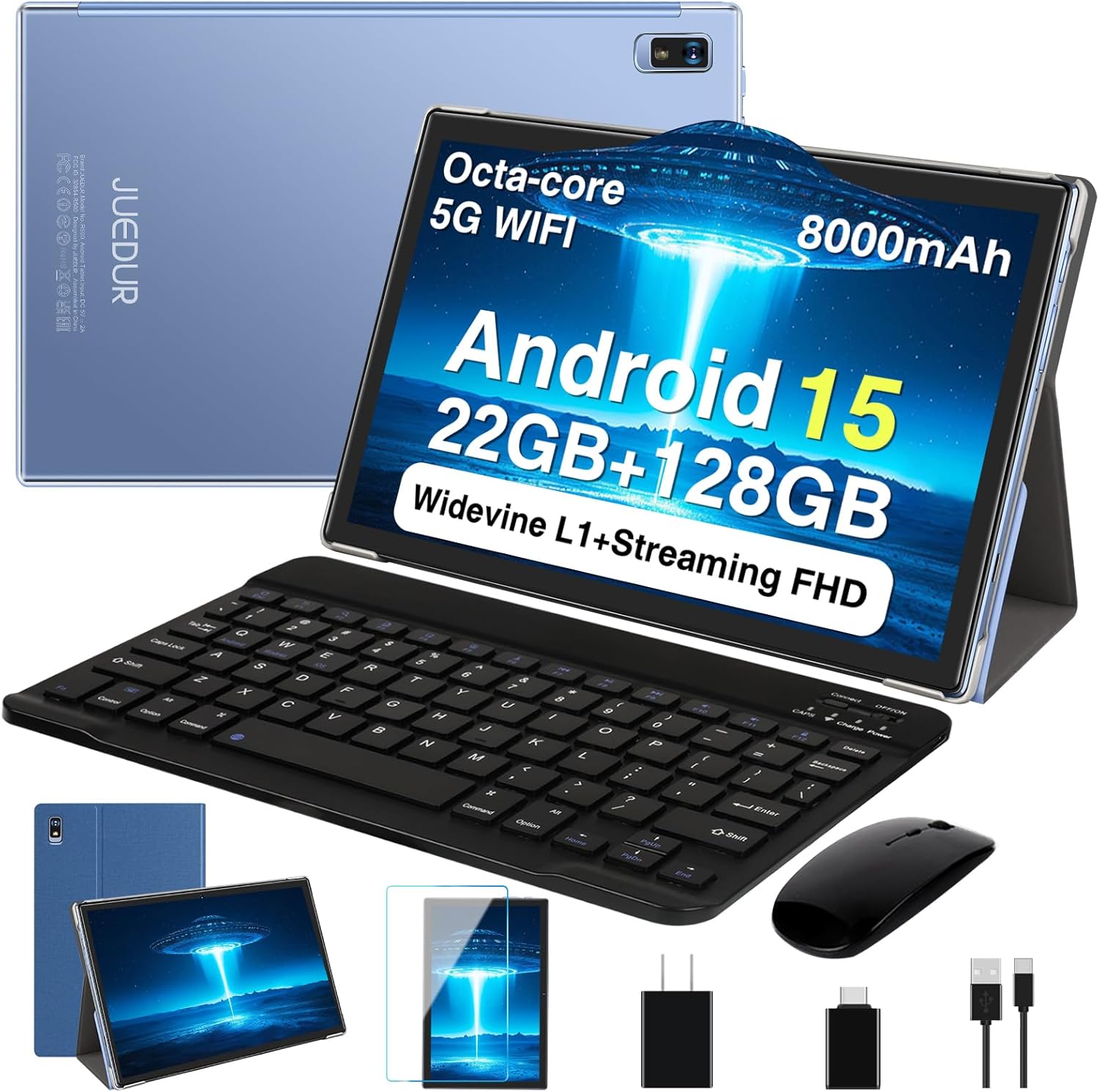 2026 Tablet, 10 Inch Android 15 Tablets 22GB+128GB+1TB Expand, 2-in-1 Octa-Core Electronic Tablet with Keyboard Mouse Case, 8000mAh Battery, 1280x800 HD IPS Display, GPS,Widevine L1, Metal Body -Blue