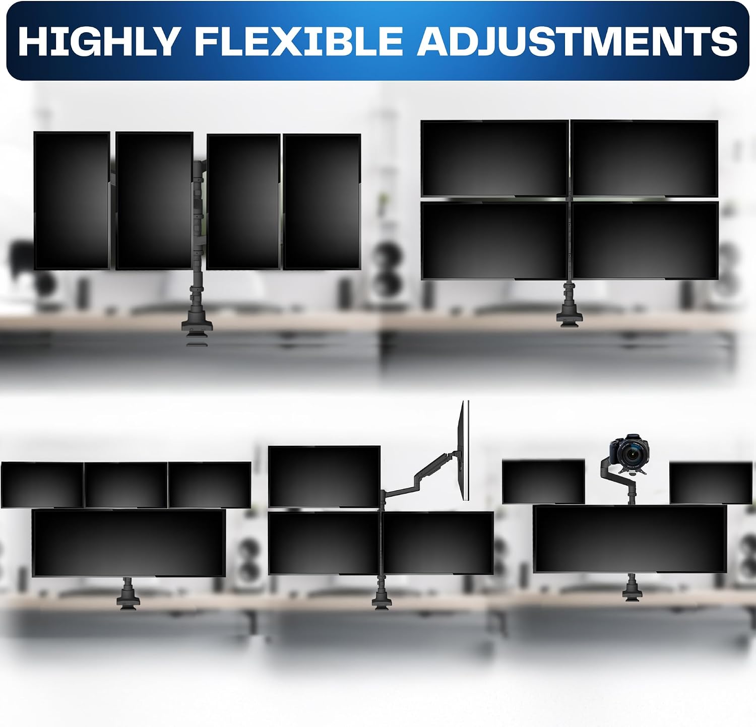 VIVO Pneumatic Arm Quad Ultrawide Monitor Extra Tall Desk Mount for Up to 49 inch Screens Individual Arm Capacity, Max 38 inch Screens for 4 Ultra Wides Up to 44 lbs, Black, STAND-V400D