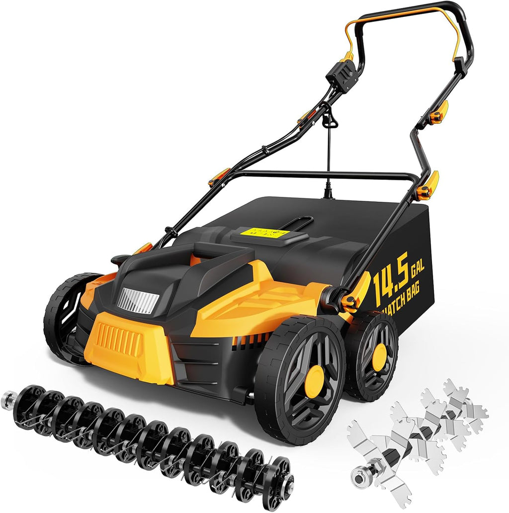 TIECTOWN 2026 Upgrade 16-Inch 15.5 Amp 2-in-1 Electric Dethatcher and Scarifier with 14.5-Gallon Collection Bag, Lawn Dethatcher with 5-Position Depth Adjustment, Keeps Lawn Healthy - Yellow