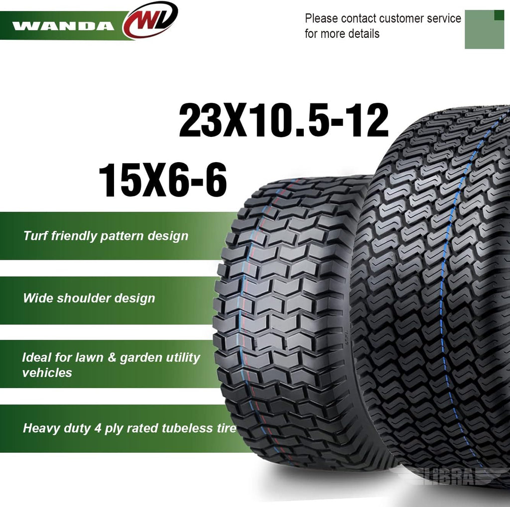 WANDA Set 4 Lawn Mower Turf Tires 15x6-6 Front & 23x10.5-12 Rear /4PR -13016/13049