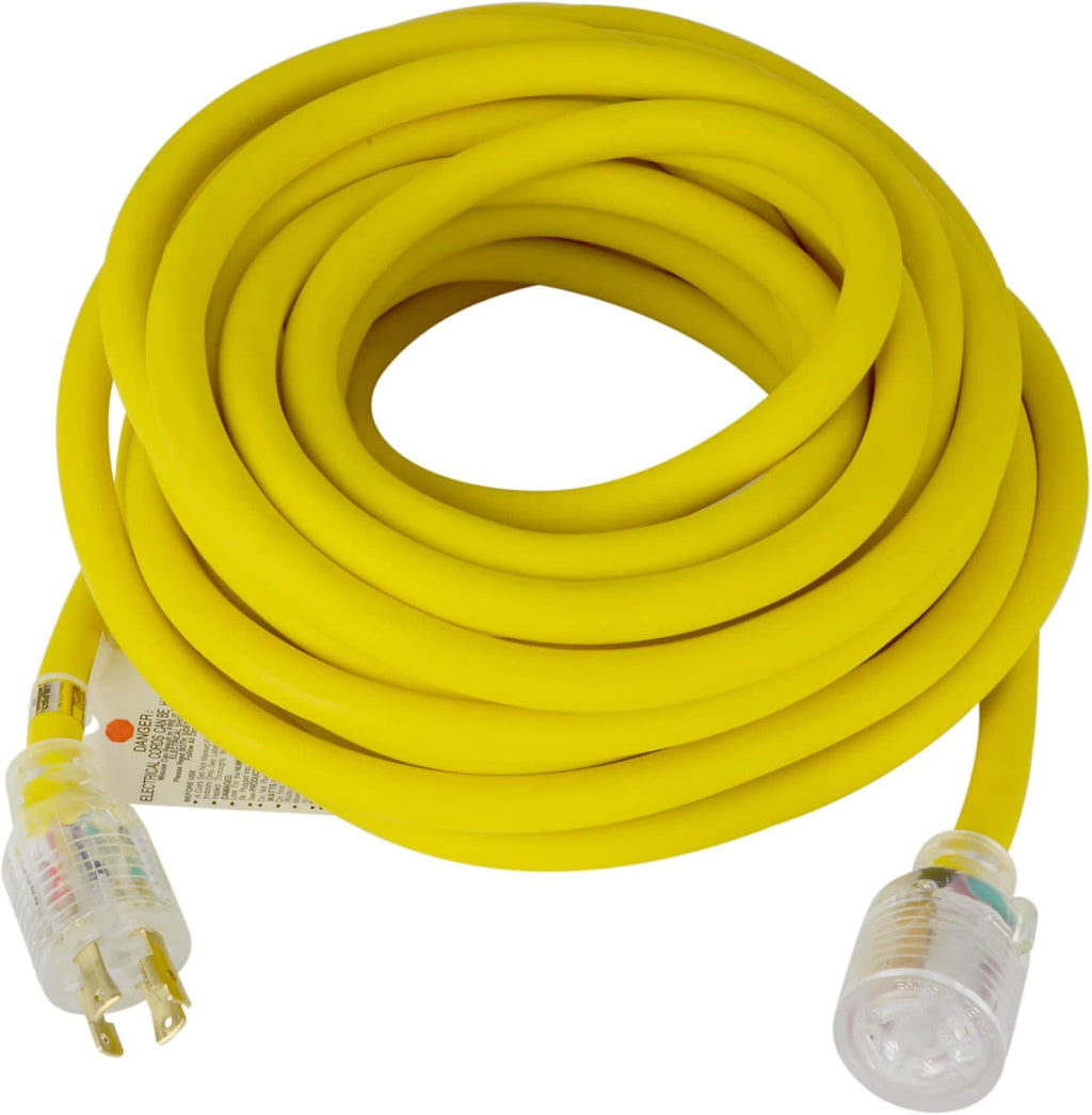 TEMCo 50 ft Extreme Cold Weather L14-30 Generator Extension Cord | 30 Amp 10 Gauge SJEOW with Lighted Plugs | Flexible to -58°F (-50°C) UL Listed - Yellow