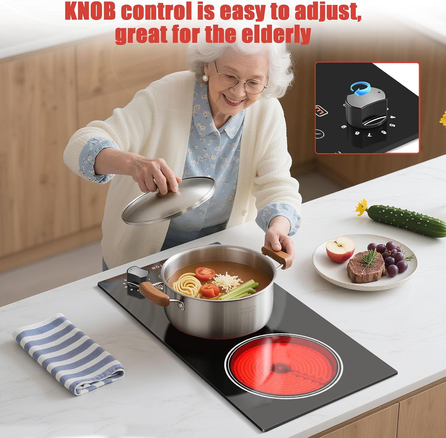 Noxton 2 Burners Electric Cooktop, 12 Inch 110V Radiant Ceramic Stove with Knob & Touch Control, 2000W Built-in or Countertop Electric Hot Plate, Timer, Child Lock, Residual Heat Indicator(YS)