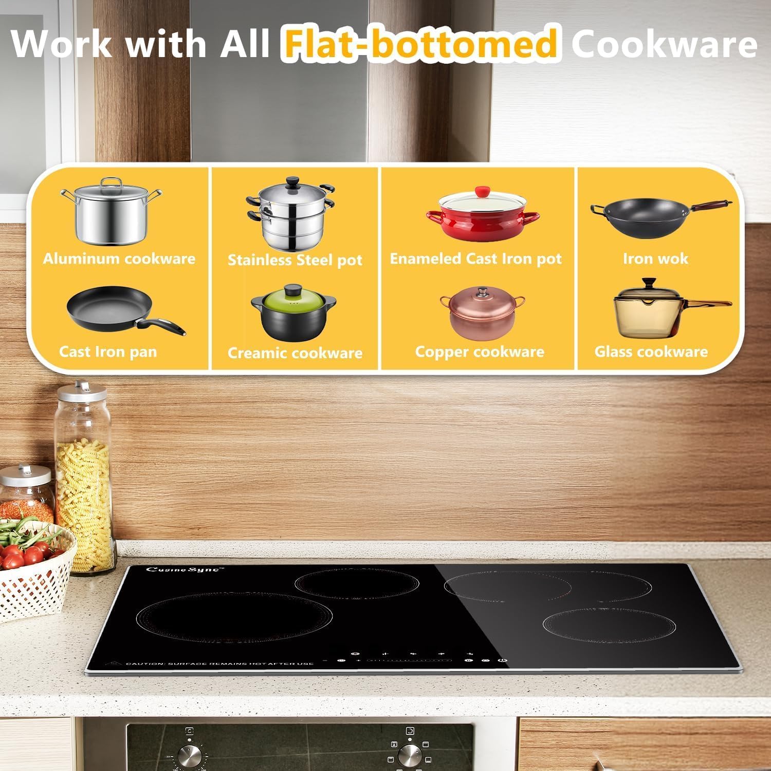 30″ Built-In Electric Ceramic Cooktop, 7400W 4 Burners, Dual Ring Heating, Easy Touch Control, Works with All Cookware