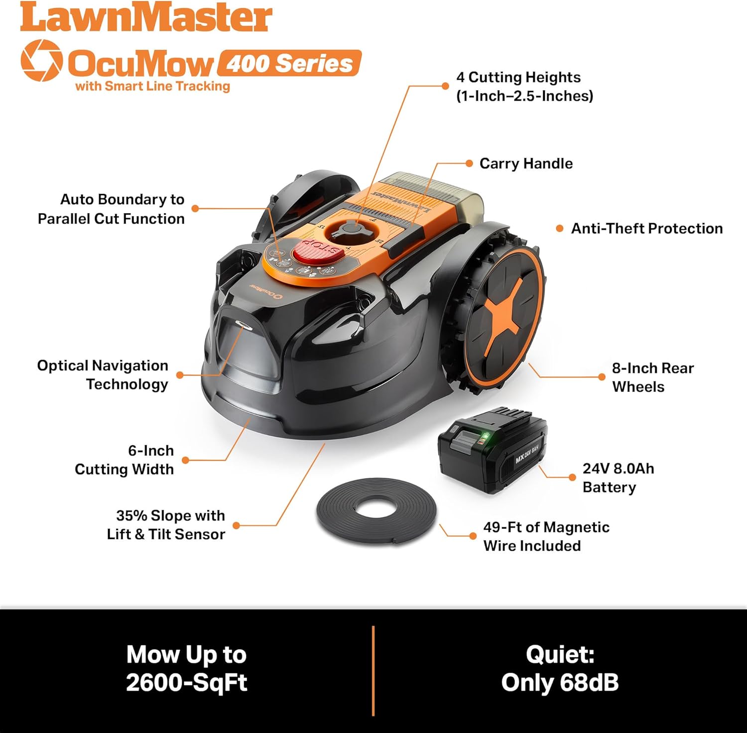 LawnMaster OcuMow 400 Series Robot Lawn Mower with Optical Navigation & Systematic Cutting – VBRM601YCM AD