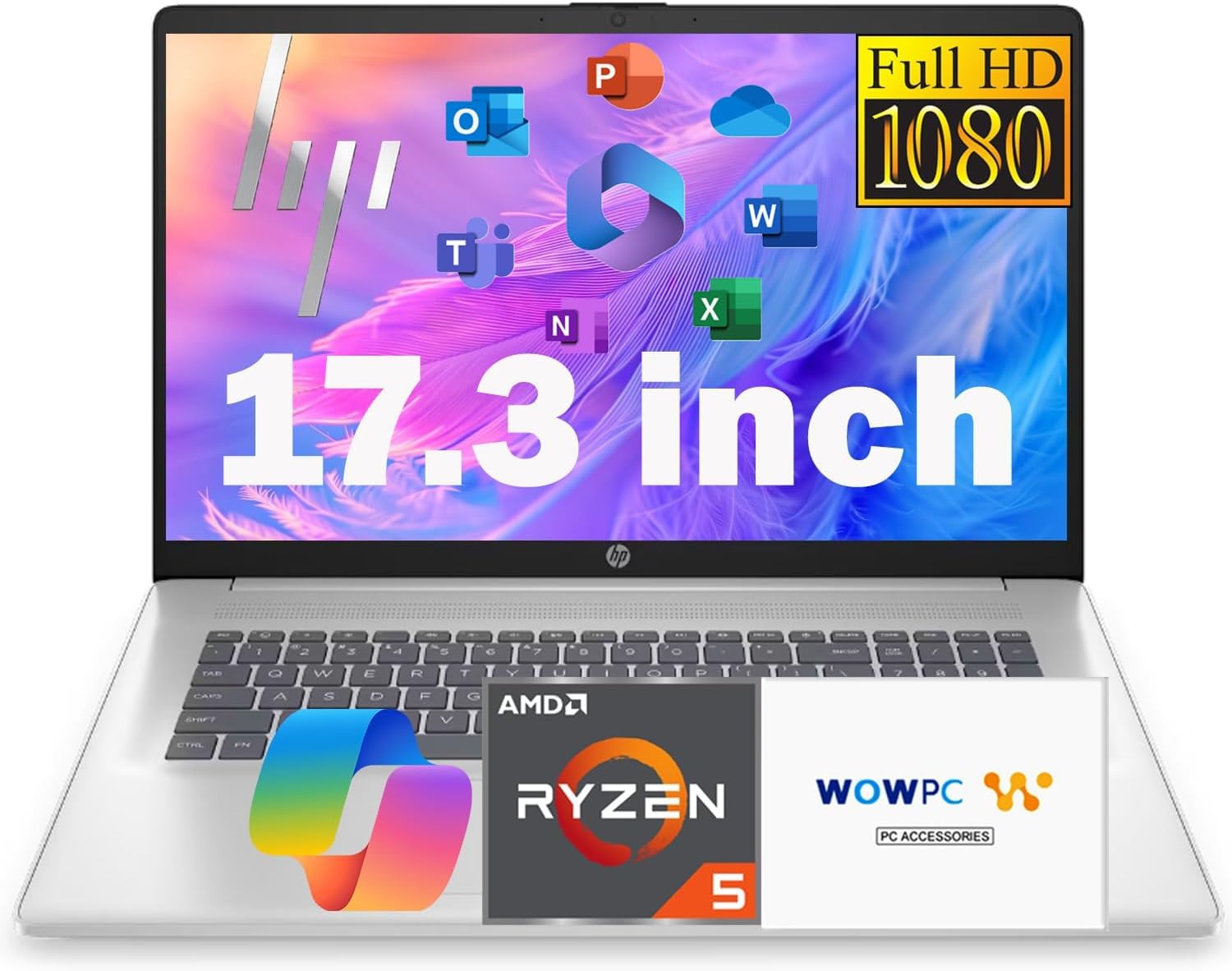 HP 17.3 Inch FHD Business Laptop with MS Office for The Web, AMD Ryzen 5 7430U (Beats Core i7-1355U), 16GB RAM, 756GB Storage(256GB SSD + 500GB External Drive), Windows 11, WOWPC 3-in-1, No Mouse