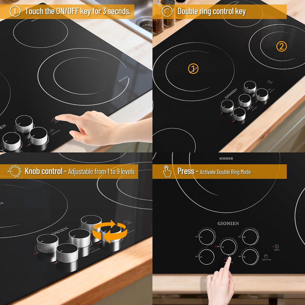 Electric Cooktop 36 Inch 240V,Built-in Electric Stove Top 5 Burners,Knob & Touch Control,9 Power Levels, 500W Warmer,Multiple Safety Protection,Dual-ring Burner,9000W,Hard Wire