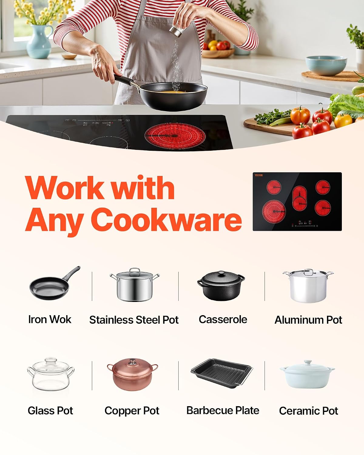 VEVOR Built in Electric Stove Top, 30 inch 5 Burners Ceramic Cooktop, 240V Glass Radiant Cooktop with Sensor Touch Control, Timer & Child Lock Included, 9 Power Levels for Simmer Steam Slow Cook Fry