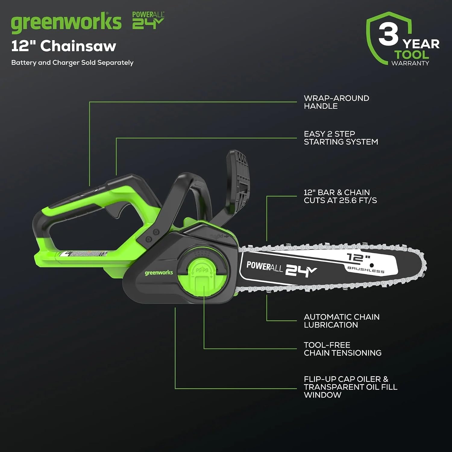 Greenworks 48V (24V x 2) 6-Piece Cordless Garden Tool Set - 20' Push Mower, 12' Trimmer, 320CFM Blower, 12' Chainsaw, 8' Pole Saw, 22' Hedge Trimmer with 3 Batteries, 2 Chargers - 3-Year Warranty