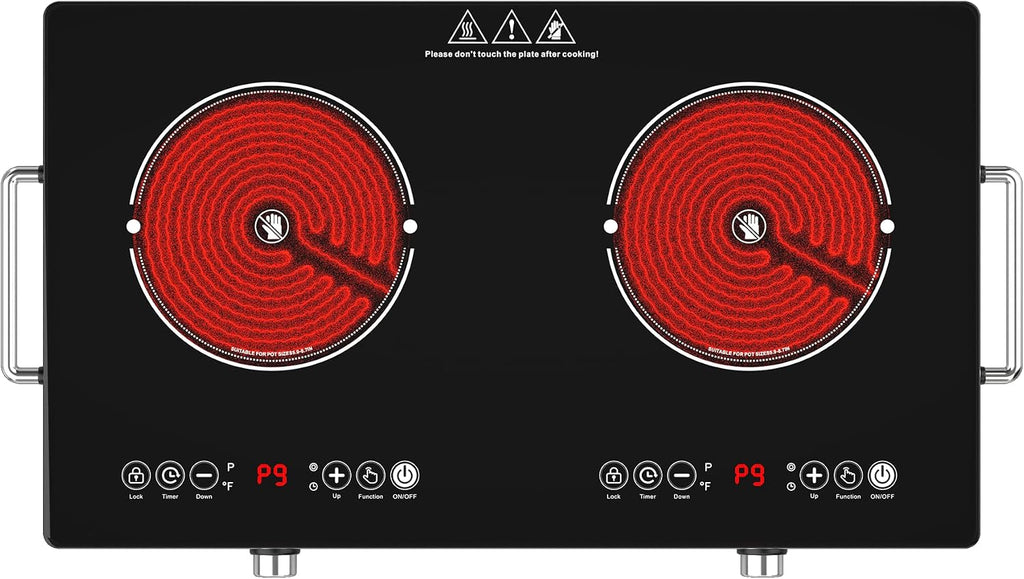 4000w Electric Cooktop 2 Burners, 23'' Electric Stove Top 110v with Plug in, GTKZW Knob Control Countertop & Built-in Ceramic Cooktop, 9 Power Levels, Child Lock, Timer, Over-Heat Protection