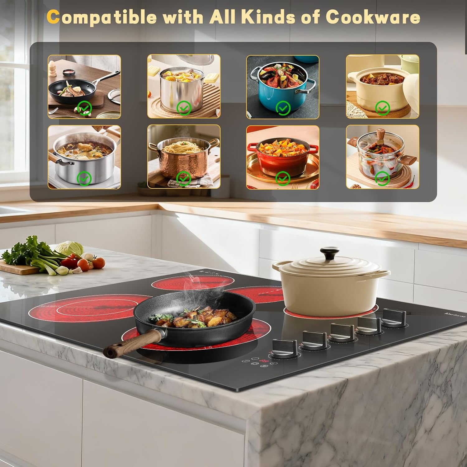 Karinear 30 inch Electric Cooktop, 8600W 5 Burner Radiant Electric Stove Top, Knob & Touch Control with 9 Power Levels, Expandable Zone, Timer, Child Safety Lock, 240V Hardwired