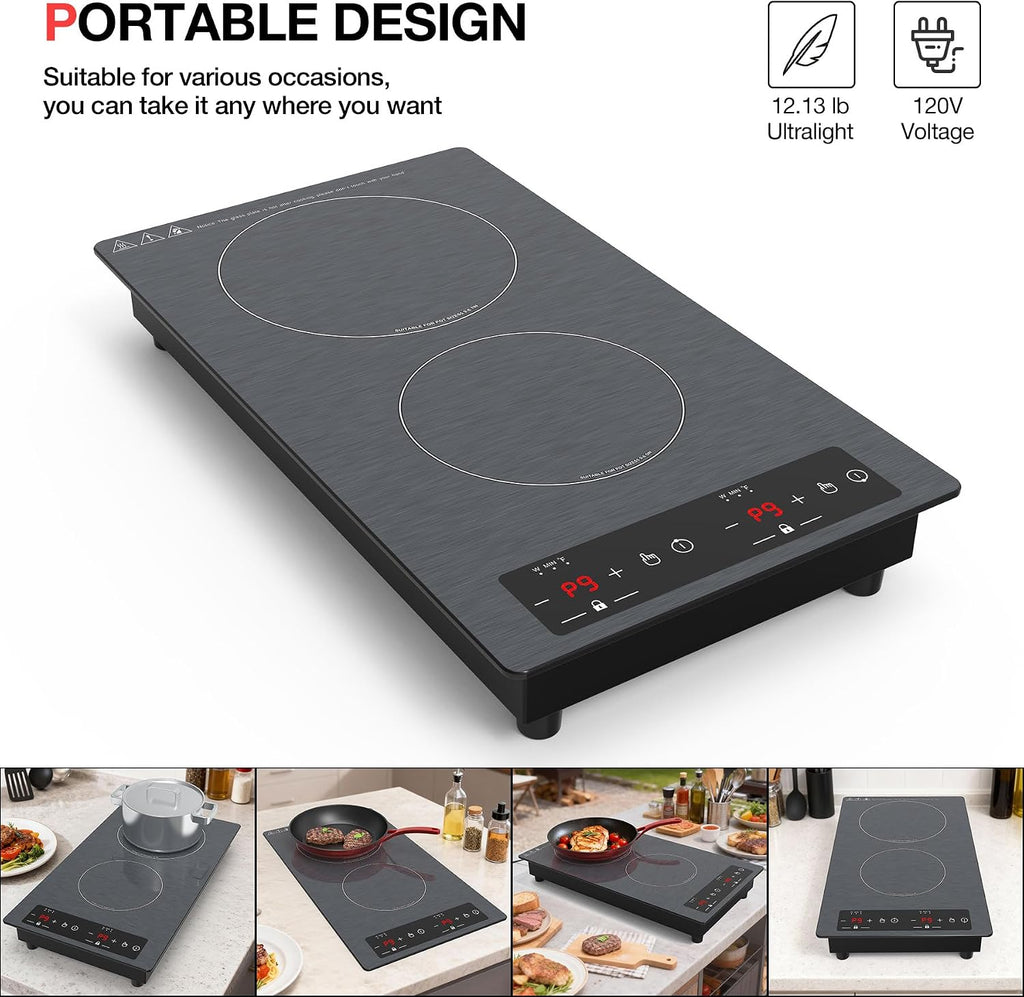 Double Induction Cooktop 110v-120v, GTKZW 2300W Electric Cooktop 20 inch Hot Plate Electric Stove Top with Plug in, Built-in and Countertop, 9 Power Levels, Timer & Safety Lock
