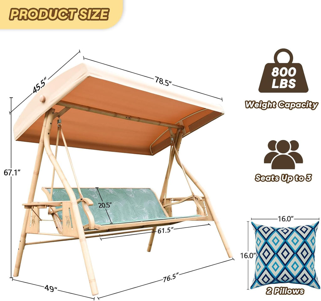 ZZW 3 Person Patio Swing Outdoor Swing for Adults with Adjustable Canopy &Upgraded Cup Holders Textilene Fabric Porch Swing Chair with Stand Heavy Duty 800 LBS